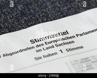 Stimmzettel Europawahl Nahaufnahme in Deutschland. Deutsche Sprache zum Abstimmungsdokument für das Europäische parlament. Stockfoto