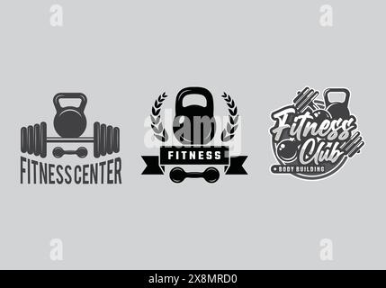 Stylisiertes Fitness 3-Logo-Paket in Schwarz, weiß und Grau mit sportlichen Figuren, die als Vektor-Illustrationen für die Verwendung im Fitnessstudio erstellt wurden Stock Vektor