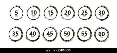 Satz von Timer-Symbolen, Uhrensymbolen, Stoppuhrschildern. Symbole für die Kochzeit. Fünf, zehn, zwanzig, dreißig, vierzig, fünfzig-Minuten-Intervall. Zeitintervall. Vecto Stock Vektor