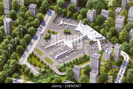 3D-isometrische Visualisierung von Flughafengrünstadtelementen, Bäumen, Solarpaneelen Stockfoto