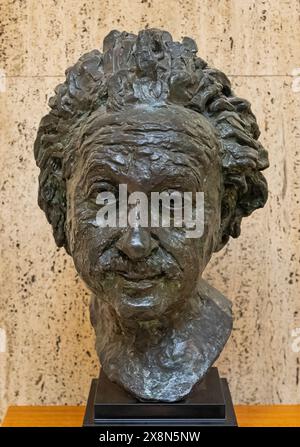 Bronzeskulptur des Kopfes von Albert Einstein, ausgestellt am 22. Mai 2024 im Walker Museum in Liverpool, Merseyside, Großbritannien Stockfoto