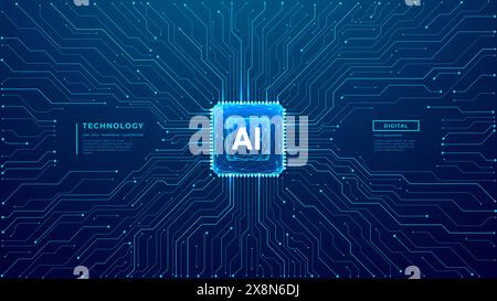 AI-Chip mit dünnen Kontaktleitungen. Freier Textraum. Stock Vektor
