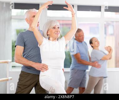 Ältere Tänzerinnen und Tänzer, die während des Trainings verschiedene Ballettbewegungen mit einer Gruppe sportlicher Personen im Trainingsraum ausüben Stockfoto