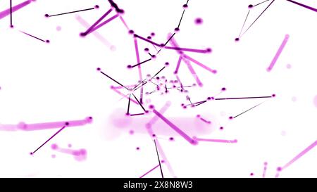 Bunte Partikel, die durch Linien verbunden sind, die auf die Kamera zufliegen. Design. Dynamischer Plexus-Hintergrund. Stockfoto