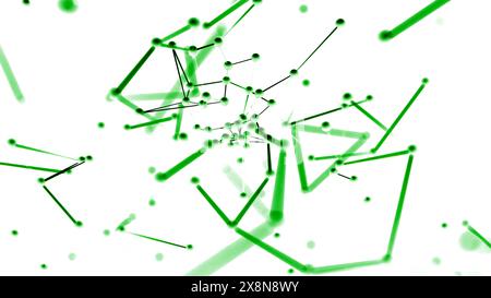 Bunte Partikel, die durch Linien verbunden sind, die auf die Kamera zufliegen. Design. Dynamischer Plexus-Hintergrund. Stockfoto
