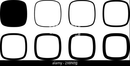 Set aus Eichhörnchen oder Quadraten mit abgerundeten Rändern und Ecken. Einfache geometrische Formen und Rahmen isoliert auf weißem Hintergrund. Entwerfen Sie Elemente oder Schaltflächen mit leerem Platz. Vektorgrafik. Stock Vektor