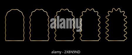 Set aus goldenen Bogenrahmen mit wackeligen Kanten. Goldene Bogenformen mit Muschelrand. Wellige Spiegel, Portale oder Türen, leere Textfelder oder Banner isoliert auf dunklem Hintergrund. Vektorabbildung. Stock Vektor