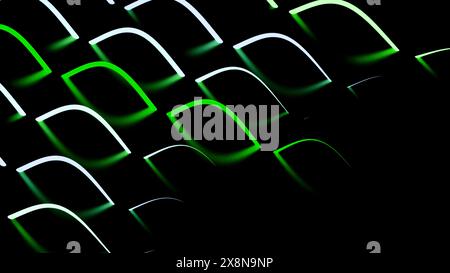 Linien mit Reflexion verschwinden im dunklen Raum. Design. Farbige Linien verschwinden in Wellen in den dunklen Raum. Schöne leuchtende Linien mit Reflexion Stockfoto