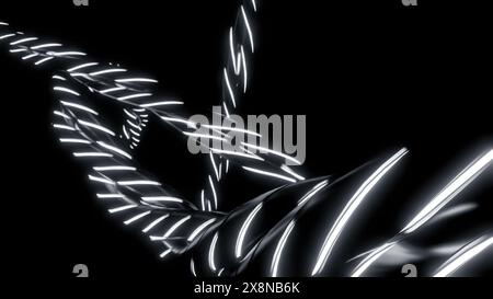 Abstraktes, verdrehtes Neon-Schwarzweiß-Seil auf schwarzem Hintergrund. Design. Silberne Metallseile mit weißen Neonstreifen. Stockfoto