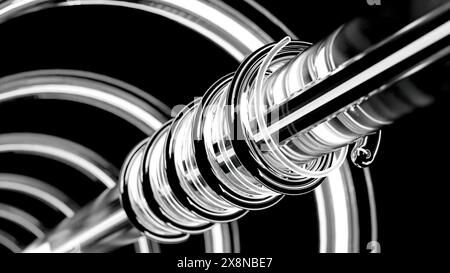Glühende Leitungen drehen sich um das Rohr. Design. Metallrohr mit beweglichen Spiralen aus Neon- und Metallrohren. Mechanisches Teil mit beweglichen Teilen und rotierendem Neon Stockfoto