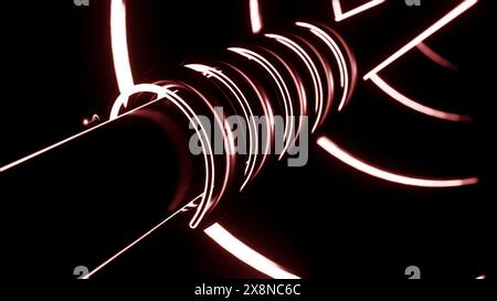 Rotes Rohr um das Rohr mit Radialrohren dahinter. Design. Abstrakter Arbeitsmechanismus. Stockfoto