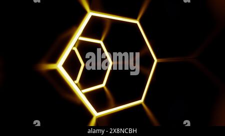 Er bewegt sich in dem endlos leuchtenden braunen Tunnel, der von Neonlinien gebildet wird. Design. Geometrischer 3D-Hintergrund. Stockfoto