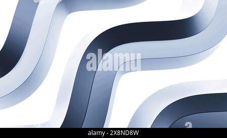 Animation rotierender metallischer Wellenlinien. Design. Wellige Linien mit Metallrippen drehen sich auf weißem Hintergrund. Metallische Wellenlinien mit 3D-Struktur und Seiten Stockfoto