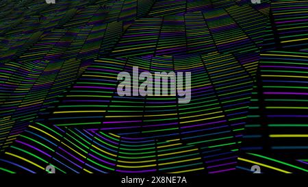 Farbverlauf mit leuchtendem LED-Mosaik-Karomuster. Animation. Verzerrte wellenförmige Fläche, unterteilt in Quadrate mit horizontalen parallelen Segmenten. Stockfoto