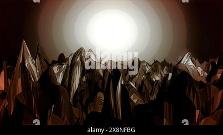 Sie fliegen in eine dunkle unterirdische Höhle mit scharfen Felsformationen. Animation. Auf dem Weg zum Licht über Stalagmiten. Stockfoto