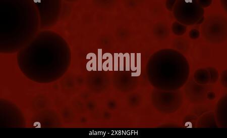 3D-Simulation von Zellen in mikroskopischer Sicht. Design. Roter Blutfluss mit Zellen, Konzept der Medizin. Stockfoto