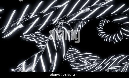 Abstraktes, verdrehtes Neon-Schwarzweiß-Seil auf schwarzem Hintergrund. Design. Silberne Metallseile mit weißen Neonstreifen. Stockfoto