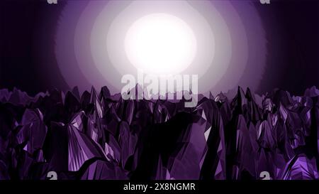 Sie fliegen in eine dunkle unterirdische Höhle mit scharfen Felsformationen. Animation. Auf dem Weg zum Licht über Stalagmiten. Stockfoto