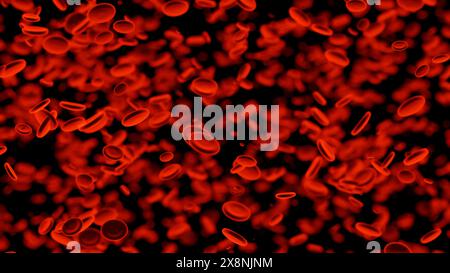 Rote Blutkörperchen bewegen sich im Blutstrom in der Arterie. Design. 3D-Animation von Hämoglobinzellen. Stockfoto