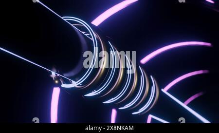 Glühende Leitungen drehen sich um das Rohr. Design. Metallrohr mit beweglichen Spiralen aus Neon- und Metallrohren. Mechanisches Teil mit beweglichen Teilen und rotierendem Neon Stockfoto