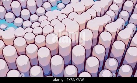 Abstrakte, pinkfarbene Kinderspielzeugvisualisierung mit Säulen, die sich durch runde Löcher bewegen. Design. Lange Objekte verschieben. Stockfoto