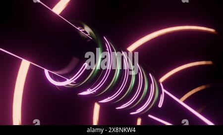 Glühende Leitungen drehen sich um das Rohr. Design. Metallrohr mit beweglichen Spiralen aus Neon- und Metallrohren. Mechanisches Teil mit beweglichen Teilen und rotierendem Neon Stockfoto