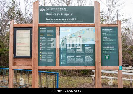 Greenwich Trails Schild in St. Peters Bay, Prince Edward Island, Kanada Stockfoto