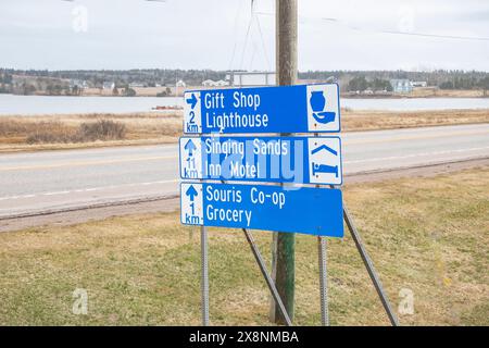 Wegweiser für Sehenswürdigkeiten in Souris, Prince Edward Island, Kanada Stockfoto