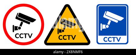cctv-Schild Symbol im Kreisdreieck und blaue Grafik Set gelber Aufkleber Schild Schild Warnzone Bereich Stock Vektor