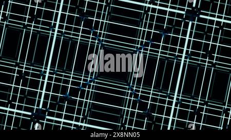 Elektronisches 3D-Raster mit quadratischen Linien. Design. 3D-Raster mit quadratischem Tunnel auf schwarzem Hintergrund. Computerraster mit quadratischen Linien Stockfoto