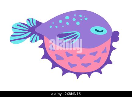Igel Fisch Cartoon Vektor Illustration Kunst. Ocean Sea Seeigel Tier lustige Kinder flache Design. Einfache Comic-Zeichnung für Kinder. Glückliches Meerestier der Unterwasserwelt isolierter weißer Hintergrund Stock Vektor