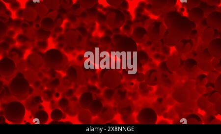 3D-Simulation von Zellen in mikroskopischer Sicht. Design. Roter Blutfluss mit Zellen, Konzept der Medizin. Stockfoto