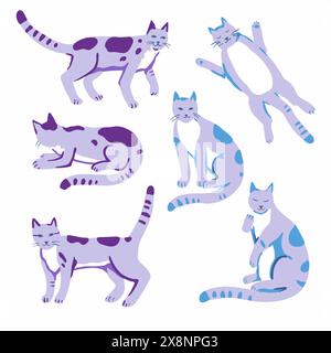 Ein Set niedlicher, niedlicher Katzenfiguren. Lustige Katzen in verschiedenen Posen. Vektorabbildung. Stock Vektor