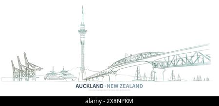 Neuseeländischer Stadtbild-Linienzeichnungsvektor. Skizze der Stadtlandschaft von Auckland. Illustration der Orientierungspunkte im Skizzenstil. Stock Vektor