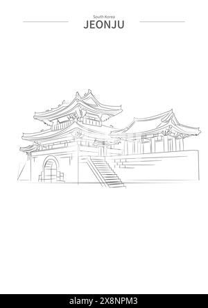 südkoreanischer Stadtbild-Linienzeichnungsvektor. Stadtskizze. Illustration der Orientierungspunkte im Skizzenstil. Stock Vektor