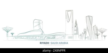 Saudiarabien Stadtbild Linienzeichnung Vektor. Stadtskizze. Illustration der Orientierungspunkte im Skizzenstil. Stock Vektor