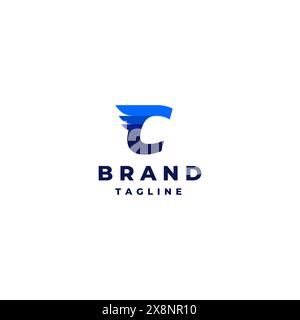 Flügelstreifen auf den Initialen des Buchstaben C Logo Design. Buchstabe C mit Flügeln auf blauem Farbmotiv. Stock Vektor