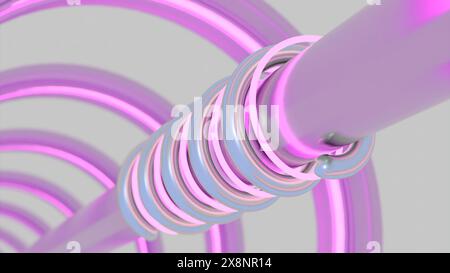 Tunnel mit Metallrohr und beweglichen Spiralen. Design. Metallrohr in Tunnel mit rotierenden Neonlinien. Neon- und Metalllinien bewegen sich spiralförmig auf dem Rohr hinein Stockfoto