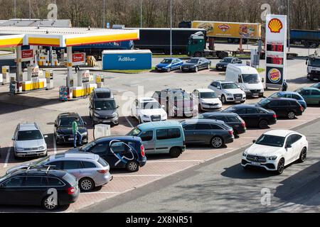 Ruda Slaska, Polen. März 2024. Allgemeine Ansicht der Fahrzeuge, die an der Shell-Station auf dem Rastplatz in der Nähe der Autobahn A4 in Ruda Slaska geparkt sind. Die Autobahn A4 ist die längste Autobahn Polens. Sie verläuft durch Südpolen von der Polnisch-deutschen Grenze in Zgorzelec, östlich bis zur Grenze zur Ukraine in Korczowa. Die A4 ist Teil der europäischen Route E40. Quelle: SOPA Images Limited/Alamy Live News Stockfoto