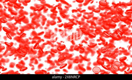 Rote Blutkörperchen bewegen sich im Blutstrom in der Arterie. Design. 3D-Animation von Hämoglobinzellen. Stockfoto
