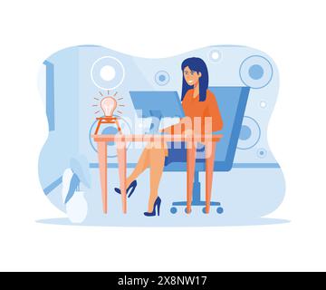 Online-Assistent bei der Arbeit. Beförderung im Netzwerk. manager bei der Fernarbeit, auf der Suche nach neuen Ideen, Lösungen, Zusammenarbeit im Unternehmen, Gehirn Stock Vektor