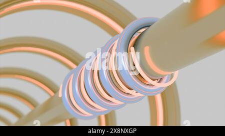 Tunnel mit Metallrohr und beweglichen Spiralen. Design. Metallrohr in Tunnel mit rotierenden Neonlinien. Neon- und Metalllinien bewegen sich spiralförmig auf dem Rohr hinein Stockfoto