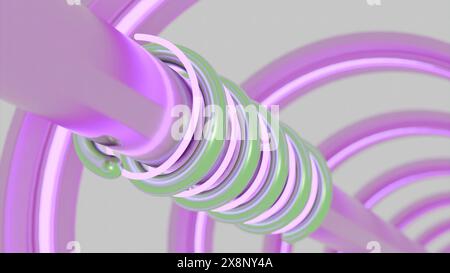 Tunnel mit Metallrohr und beweglichen Spiralen. Design. Metallrohr in Tunnel mit rotierenden Neonlinien. Neon- und Metalllinien bewegen sich spiralförmig auf dem Rohr hinein Stockfoto