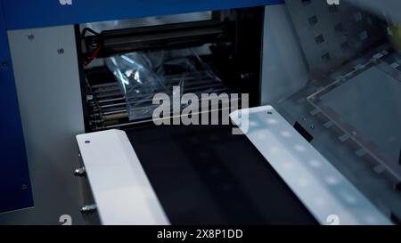 Verpackungslinie für süße Gebäckstücke. Medien. Frische Waffeln werden auf der Förderlinie in Zellophanverpackung verpackt. Stockfoto