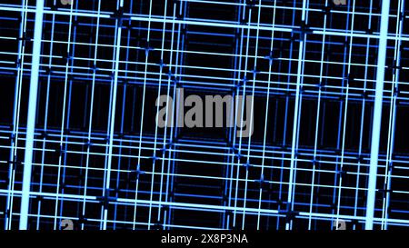 Rotierende Bewegungssimulation mit quadratischer Linienkonstruktion. Design. Räumliches Raster mit Linien und Quadraten. Elektronisches Gitter mit quadratischem Tunnel Stockfoto