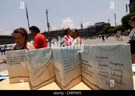 Mexiko-Stadt, Mexiko. Mai 2024. Eine Frau beobachtet die Ausstellung der Namen vermisster Menschen, die auf Stoff gestickt sind, als Teil des Protestes für vermisste Verwandte in Mexiko, genannt „Embroidery to All“, vor dem Nationalpalast auf dem Hauptplatz. Quelle: Eyepix Group/Alamy Live News Stockfoto