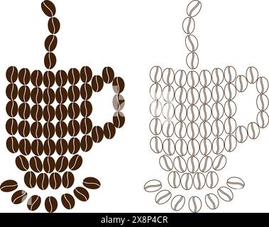 Kaffeetassen aus Kaffeebohnen Stylized Tassen mit Untertasse und Dampf Set von 2 Logo Aufkleber Icon Idee isolieren EPS Vektor Branding Karten, Poster, Banner, Broschüren, Preis, Label oder Web, Promo-Konzept Stock Vektor