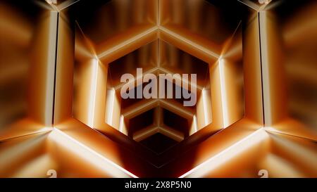Er bewegt sich in dem endlos leuchtenden braunen Tunnel, der von Neonlinien gebildet wird. Design. Geometrischer 3D-Hintergrund. Stockfoto