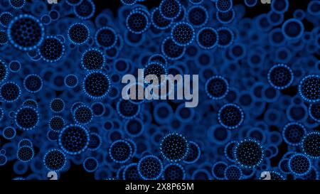 Interaktion zwischen Bakterien. Design. Abstrakter medizinischer Hintergrund mit sich schnell ausbreitenden Viruszellen blauer Farbe. Stockfoto