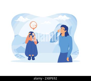 Weinende Frau, die auf dem Boden sitzt und die Knie umarmt. Gestresstes Mädchen, das den Kopf berührt. Psychologie, Depression, psychische Gesundheit Konzept für Banner, Website-Design oder Stock Vektor